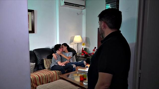 Young Will and Calvin are busy with their studies when lust takes over and the two start kissing. By the time these skinny and smooth twinks are naked, daddy has joined in, kneeling between them to suck on both of their big dicks.