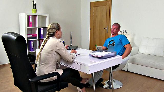 Agent bangs tattooed babe doggy-style in the office