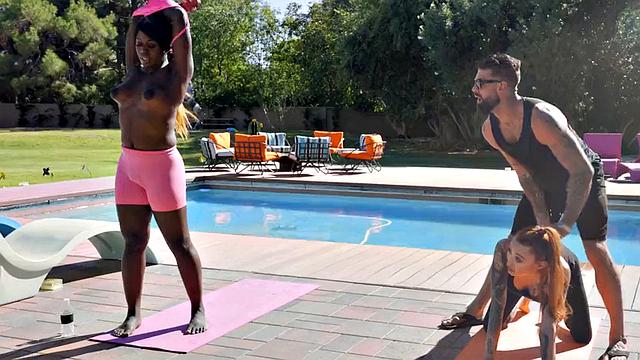 Yoga Asian and Black TS in 3some action