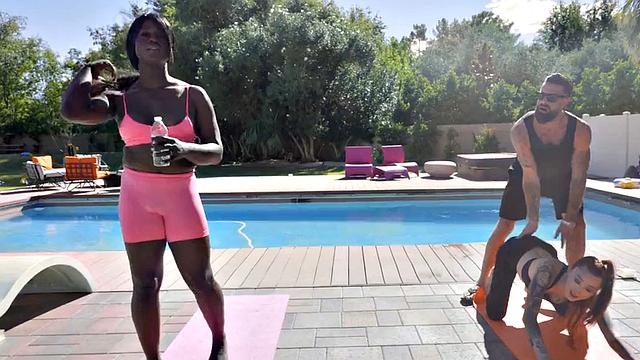 Yoga Asian and Black TS in 3some action
