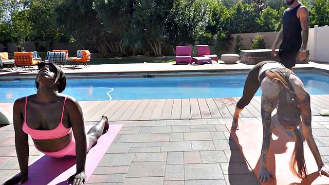 Yoga Asian and Black TS in 3some action