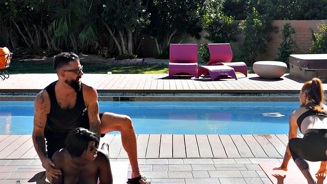 Yoga Asian and Black TS in 3some action