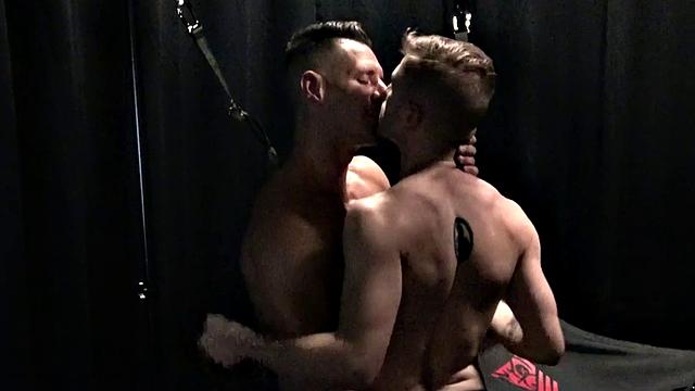 Rimming and barebacking jock fucks twink in sling