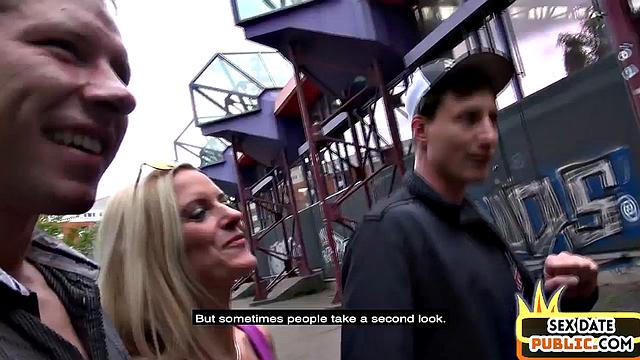 Public blondie shared in outdoor threesome