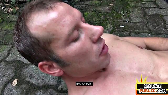 Public blondie shared in outdoor threesome