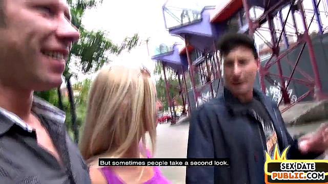 Public blondie shared in outdoor threesome