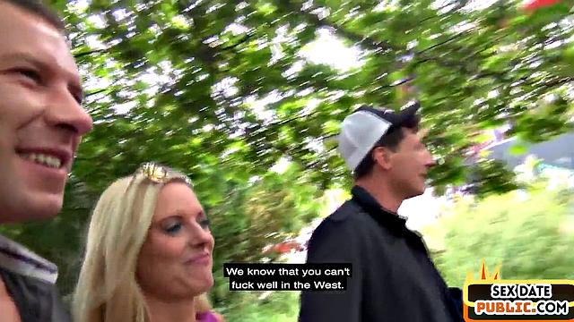 Public blondie shared in outdoor threesome
