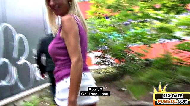 Public blondie shared in outdoor threesome