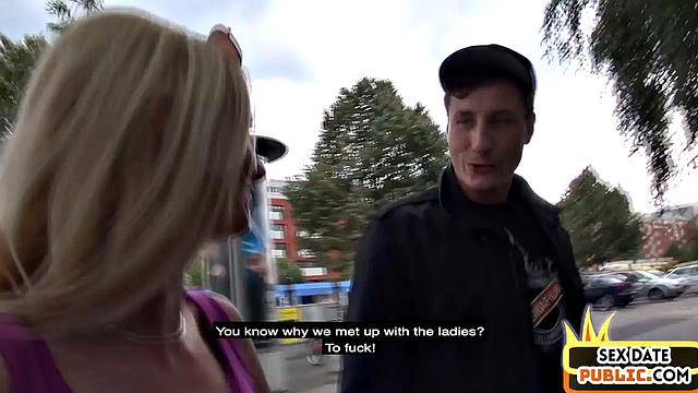 Public blondie shared in outdoor threesome