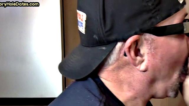 Mature gay bottom fucked by gloryhole after sucking