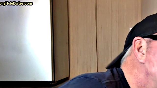 Mature gay bottom fucked by gloryhole after sucking