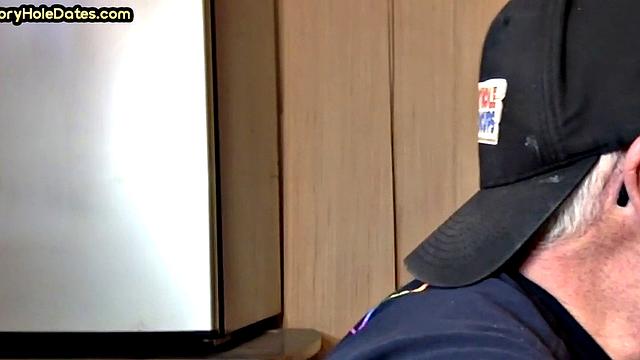 Mature gay bottom fucked by gloryhole after sucking