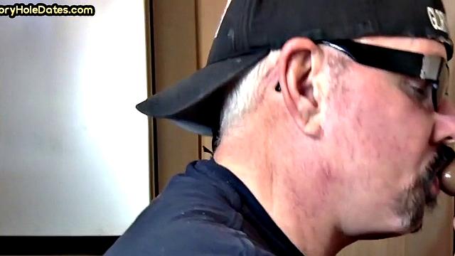 Mature gay bottom fucked by gloryhole after sucking