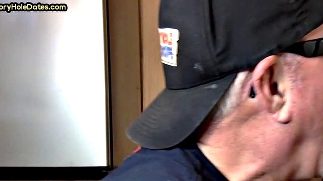 Mature gay bottom fucked by gloryhole after sucking