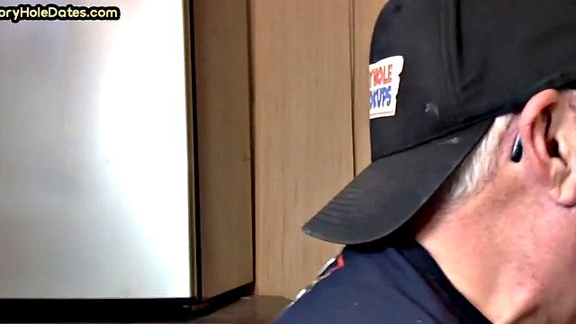 Mature gay bottom fucked by gloryhole after sucking