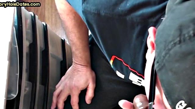 Mature gay bottom fucked by gloryhole after sucking