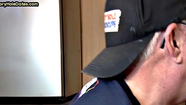 Mature gay bottom fucked by gloryhole after sucking