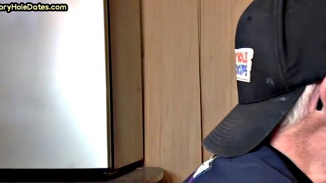 Mature gay bottom fucked by gloryhole after sucking