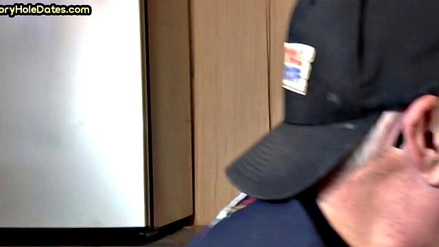 Mature gay bottom fucked by gloryhole after sucking