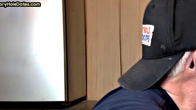 Mature gay bottom fucked by gloryhole after sucking