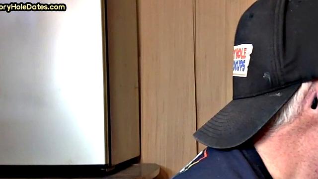 Mature gay bottom fucked by gloryhole after sucking