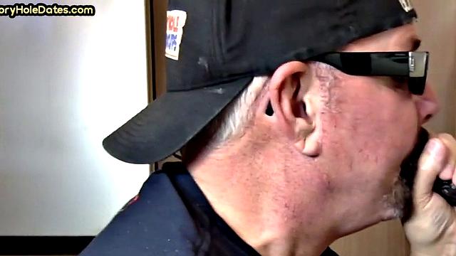 Mature gay bottom fucked by gloryhole after sucking