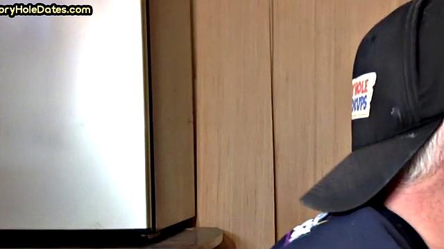 Mature gay bottom fucked by gloryhole after sucking