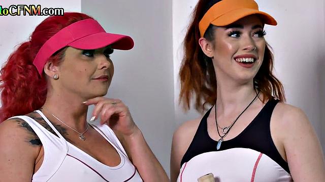 CFNM amateur tennis femdoms jerk guy's cock in group HJ