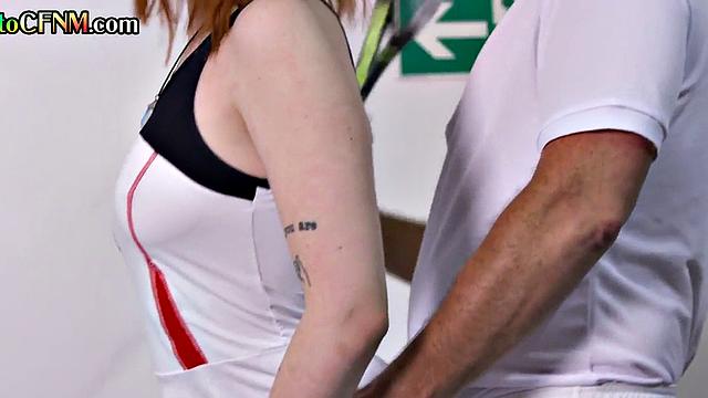 CFNM amateur tennis femdoms jerk guy's cock in group HJ