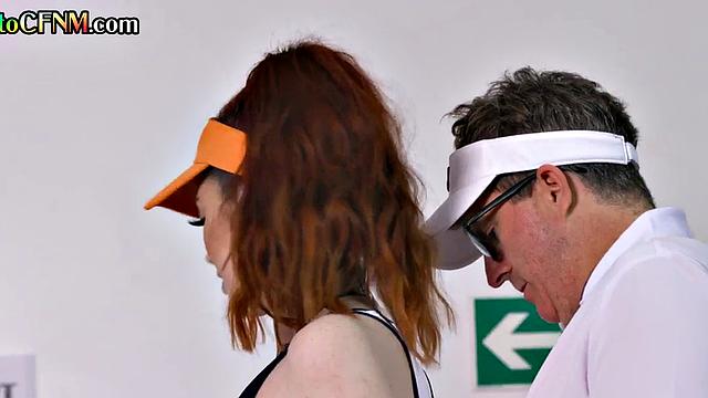 CFNM amateur tennis femdoms jerk guy's cock in group HJ