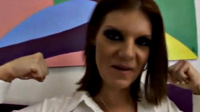 Brunette in white gets her tattooed pussy drilled by a big black cock