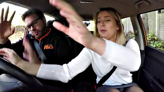 Busty Eurobabe riding instructor in car until cumshot