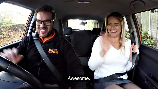 Busty eurobabe riding her instructor in car until cumshot