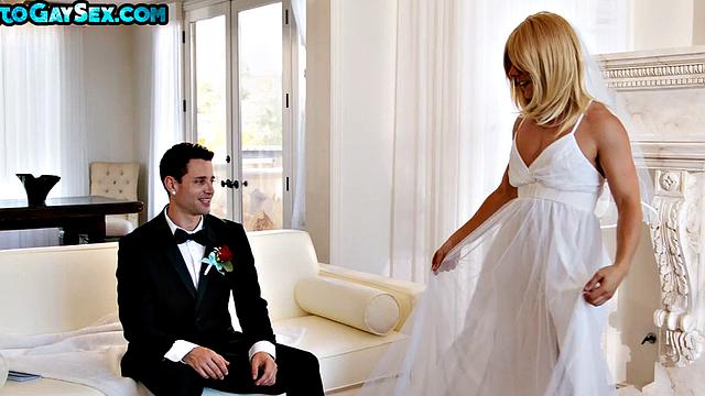 Crossdresser in wedding dress barebacked by groom