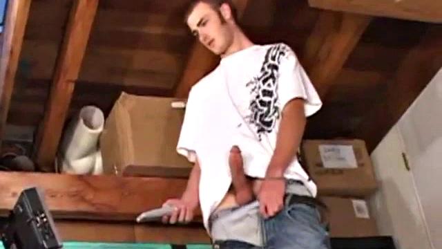 Christian Wilde whips out his huge cock as he watches porn. He's dead serious about busting a nut and quickly gets himself stiff. After stroking with determination, globs of cum drop to the floor.