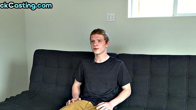 Amateur blonde twink jerks his cock and cums during casting