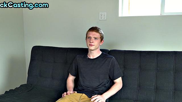 Amateur blonde twink jerks his cock and cums during casting