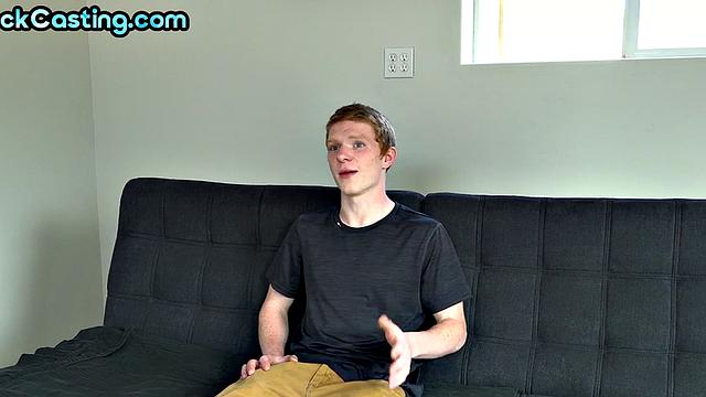 Amateur blonde twink jerks his cock and cums during casting