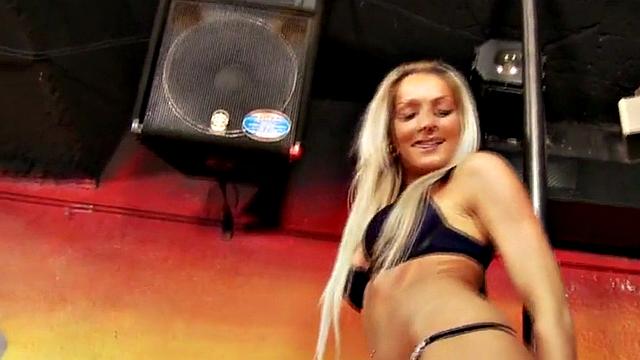 Strapon dominas pegging in threesome on stage