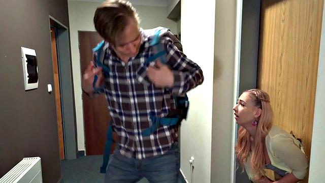 Petite babe gets her tight pussy fucked by roommates in a 3some