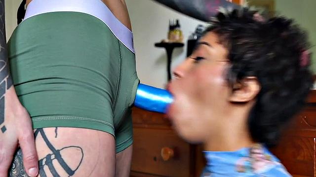 Lez beauty with strapon fucks female in pussy hole