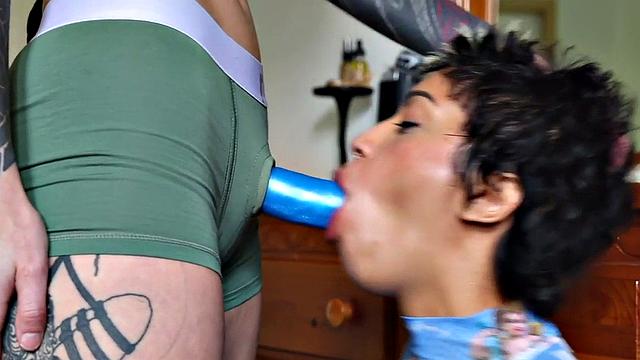 Lez beauty with strapon fucks female in pussy hole