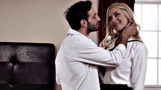 Cheating husband caught in the act by busty blonde wife in bedroom