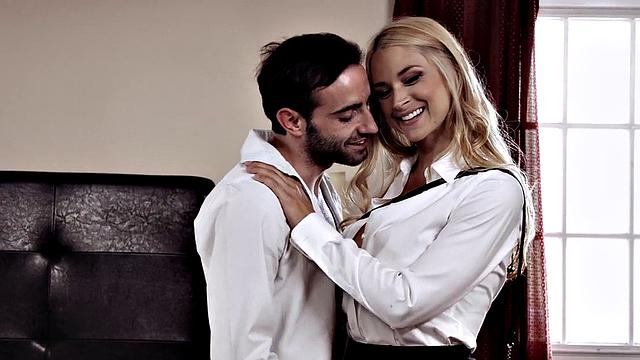 Cheating husband caught in the act by busty blonde wife in bedroom