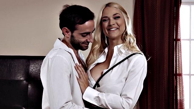 Cheating husband caught in the act by busty blonde wife in bedroom