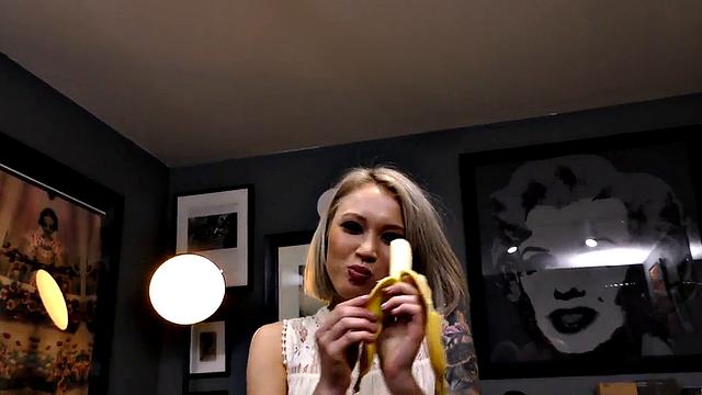 Inked bae with small boobs eats banana and BFs POV dick