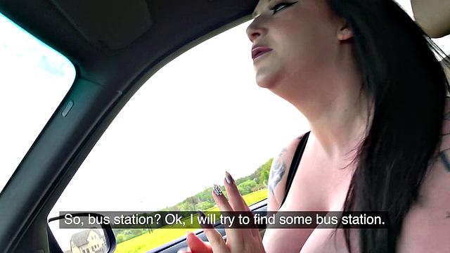 Brunette with huge tits gives a sloppy BJ and fucks in the woods