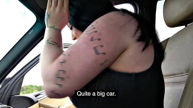 Brunette with huge tits gives a sloppy BJ and fucks in the woods