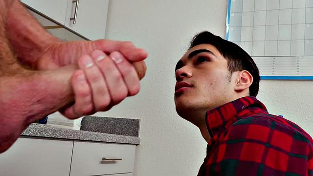 Jock rims and deepthroats bareback plumber in office