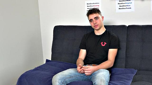 Casting jock strokes shaft for cumshot in solo action